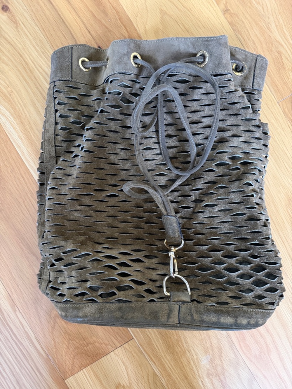 Vintage Fendi Suede Laser-Cut Drawstring Bucket Bag in Olive Brown w wallet